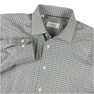 Eton Shirt Mens 16 41 Large Green Blue Contemporary Floral Button Up Long Sleeve